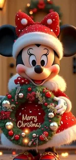 Minnie Mouse holding a Christmas wreath.