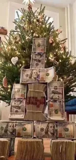 Christmas tree decorated with stacks of cash in a cozy living room.