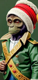 Whimsical monkey in festive green jacket and Santa hat for holiday wallpaper.