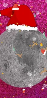 Festive Christmas wallpaper with a moon wearing a Santa hat on a pink glitter background.