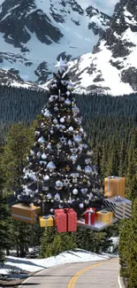 Festive Christmas tree with gifts in snowy mountains.