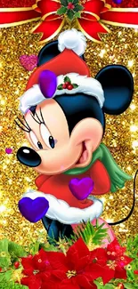 Festive cartoon mouse with golden Christmas background.