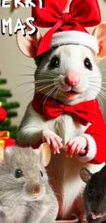 Cute mice in Christmas outfits with gifts and tree background.