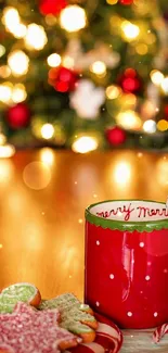 Colorful festive mug with cookies in a holiday setting.