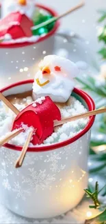 Festive mug with marshmallow snowmen and winter decorations.