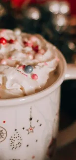 Festive mug topped with whipped cream and colorful sprinkles.