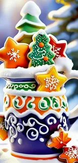 Festive mug filled with colorful holiday cookies in a snowy setting.