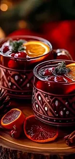Festive mugs of mulled wine with citrus slices and holiday décor.