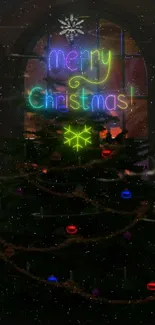 Neon Christmas tree with festive lights and text.