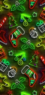 Neon Christmas icons wallpaper with holiday decor on dark background.