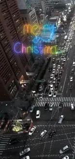 Neon Christmas cityscape with vibrant street scene.