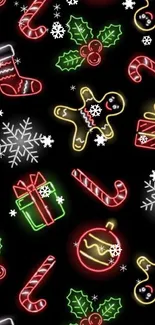 Neon Christmas wallpaper with candy canes, gifts, and festive motifs.