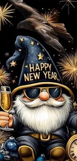 Gnome celebrating New Year with fireworks and champagne.