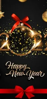 Happy New Year 2022 festive wallpaper with golden and red decorations.