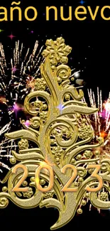 Festive New Year 2023 wallpaper with golden fireworks and dark background.