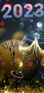 New Year 2023 wallpaper with champagne glasses and clock.