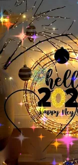 Festive New Year 2023 wallpaper with decorative lights and holiday theme.