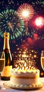 New Year 2026 celebration with fireworks, cake, and champagne.