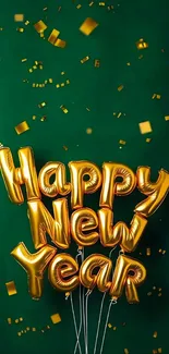 New Year balloons with confetti on a green background.