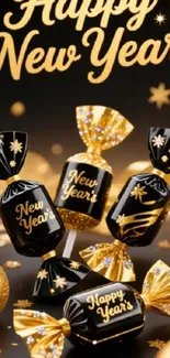 Happy New Year candies with gold accents.