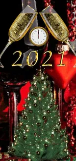 Festive 2021 New Year wallpaper with champagne and Christmas tree.