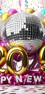 2025 New Year celebration with balloons and disco ball.