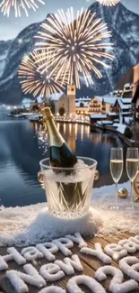 Champagne and fireworks celebrate New Year 2026 in a snowy village setting.