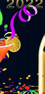 Colorful New Year 2022 wallpaper with champagne and cocktail.