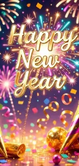 Vibrant New Year wallpaper with fireworks and decorations.