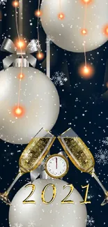 New Year festive wallpaper with champagne, clock, and snowflakes on dark background.