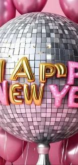 Disco ball with 'Happy New Year' text surrounded by pink balloons.