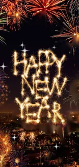 Vibrant fireworks display with 'Happy New Year' in sparklers.