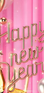 New Year wallpaper with balloons, pink background and golden text.