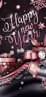 Elegant New Year wallpaper with pink decorations and gifts.