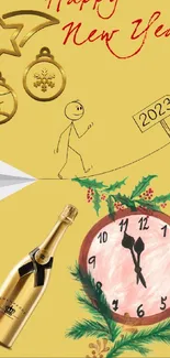 Gold festive wallpaper with 2023 themes, champagne, and clock.