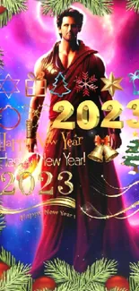 Vibrant New Year 2023 wallpaper with festive decor and cosmic background.