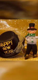 New Year hat and snowman with a sparkling golden background.