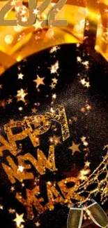 Golden Happy New Year wallpaper with stars and decoration.