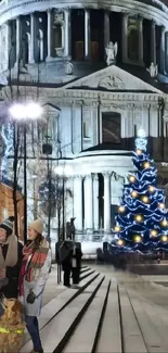 Stunning night view of St. Paul's Cathedral with Christmas tree.