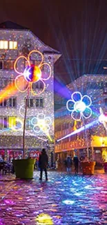 Festive cityscape with colorful lights illuminating the historic street at night.