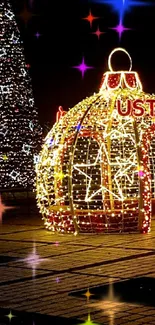 Festive Christmas lights display with glowing decorations at night.