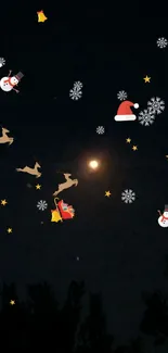 Festive night sky wallpaper with Santa and reindeer.