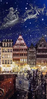 Festive town square under winter night sky with sleigh silhouette.