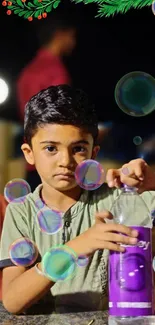 Child with bottle under festive night sky with holiday decor.