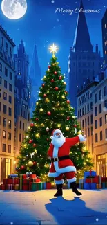 Santa Claus with gifts beside a sparkling Christmas tree on a moonlit night.