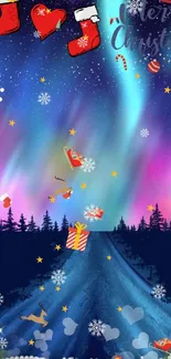 Christmas-themed wallpaper with Northern Lights and festive elements.