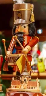 Colorful nutcracker figurine display at Christmas market.