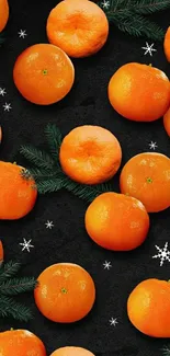 Festive orange and fir branch wallpaper with snowflakes.