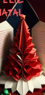 Red origami Christmas tree card with festive decorations.