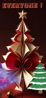 Elegant origami Christmas tree with festive decorations and colorful background.